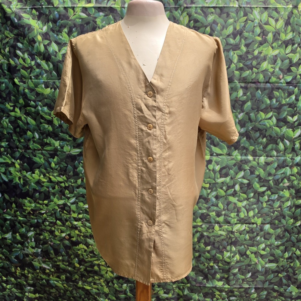 Oscar de la Renta Expressions 100% Silk Blouse Women's Large Beige Button Front - Picture 1 of 9